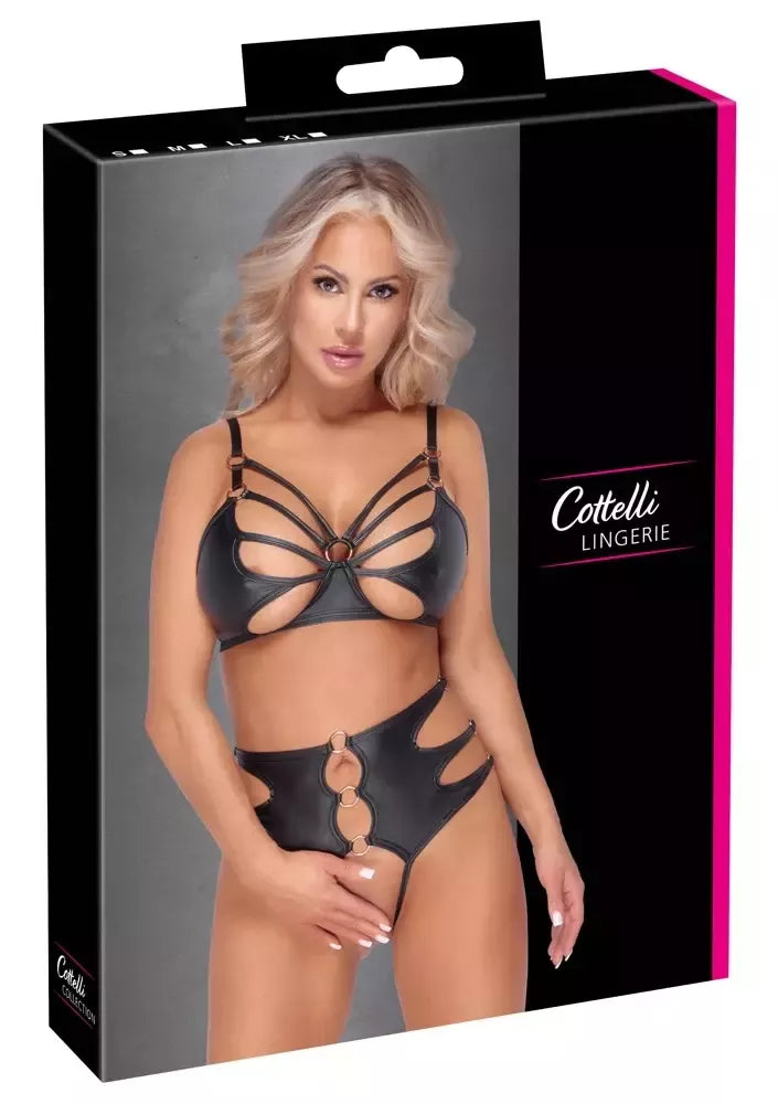 „Cottelli Lingerie“ liemenėlės ir atvirų kelnaičių komplektas, juodas, S dydis, su rožinio aukso spalvos žiedais