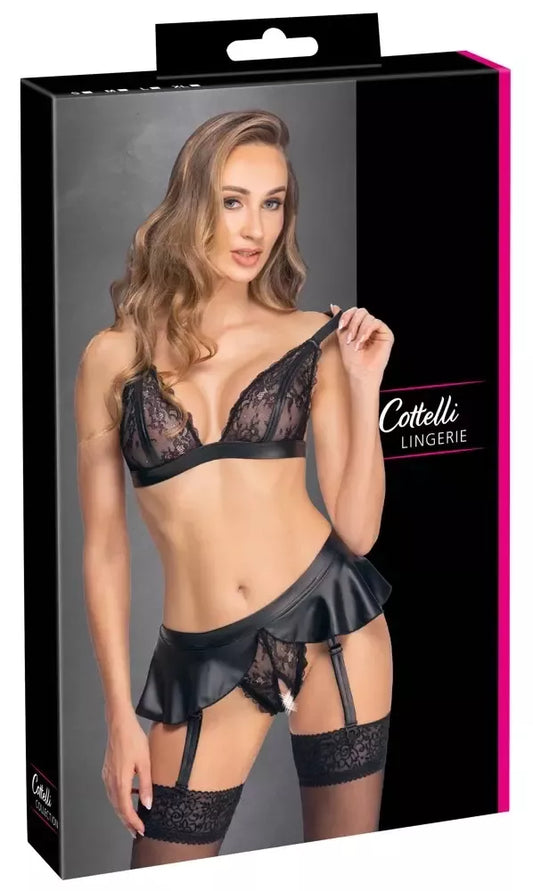 Cottelli Lingerie liemenėlės ir prisegamų kojinių diržo komplektas, M dydis, juodas, nėriniai, matinė apdaila