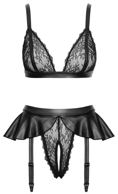 Cottelli Lingerie liemenėlės ir prisegamų kojinių diržo komplektas, M dydis, juodas, nėriniai, matinė apdaila