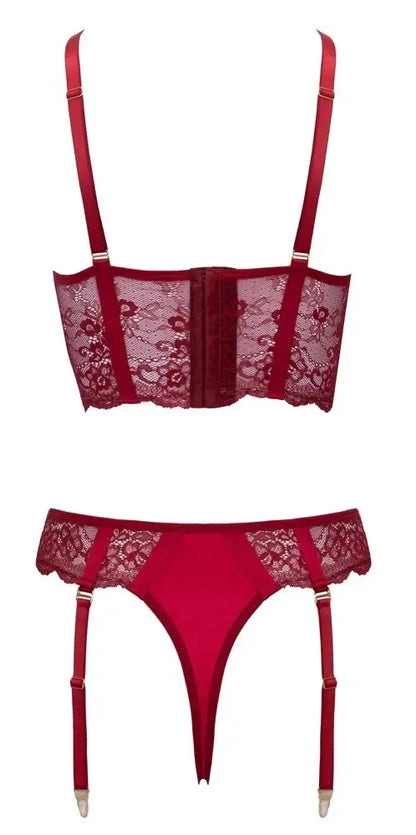 Cottelli LINGERIE liemenėlės komplektas su grandinėlėmis M – tamsiai raudoni nėriniai ir aukso spalvos detalės
