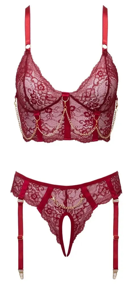 Cottelli LINGERIE liemenėlės komplektas su grandinėlėmis M – tamsiai raudoni nėriniai ir aukso spalvos detalės