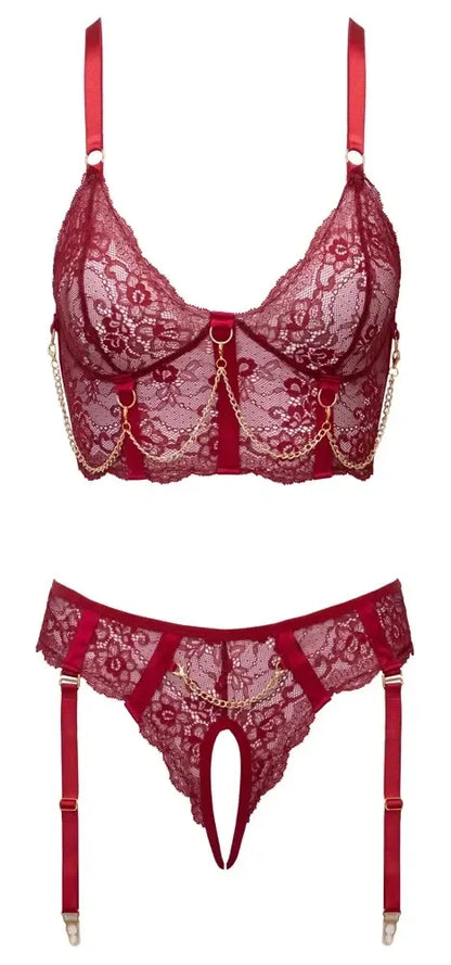 Cottelli LINGERIE liemenėlės komplektas su grandinėlėmis M – tamsiai raudoni nėriniai ir aukso spalvos detalės