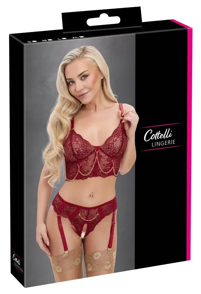 Cottelli LINGERIE liemenėlės komplektas su grandinėlėmis M – tamsiai raudoni nėriniai ir aukso spalvos detalės