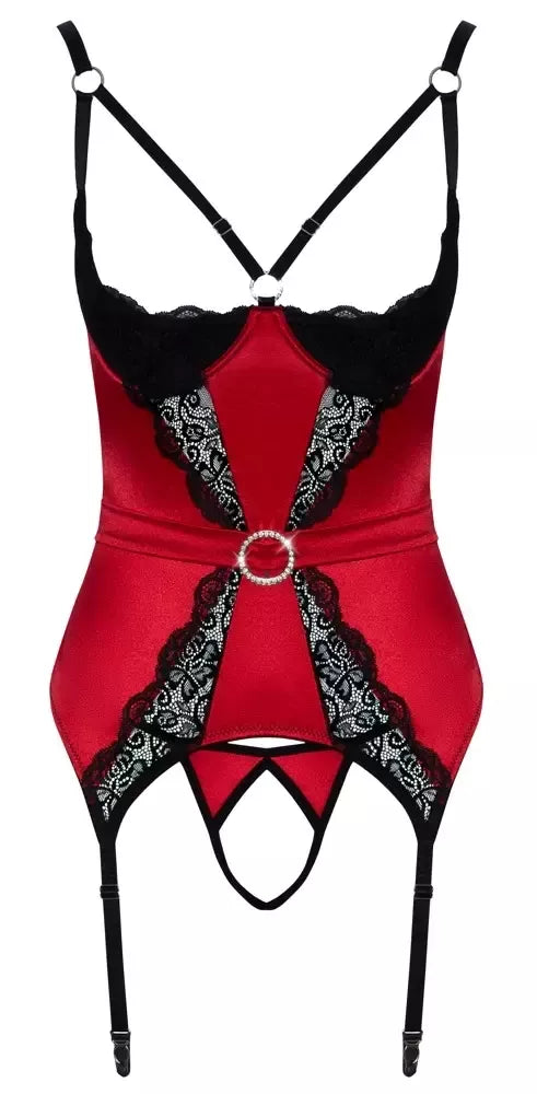 Cottelli Lingerie maikutės ir dirželių kojinėms rinkinys, raudonas, XL, elegantiškas atlasas su nėriniais