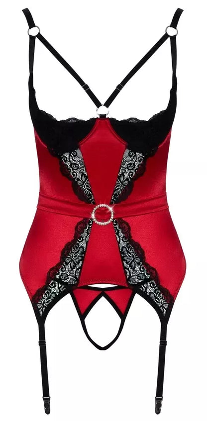 Cottelli Lingerie maikutės ir dirželių kojinėms rinkinys, raudonas, XL, elegantiškas atlasas su nėriniais