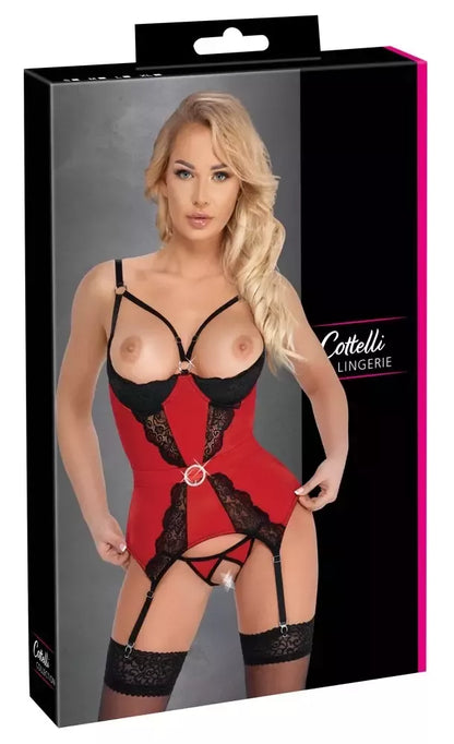 Cottelli Lingerie maikutės ir dirželių kojinėms rinkinys, raudonas, XL, elegantiškas atlasas su nėriniais