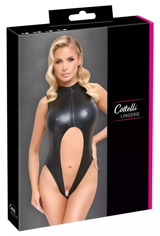 Cottelli Lingerie matinio efekto atviras bodis su užtrauktuku priekyje, juodas, L