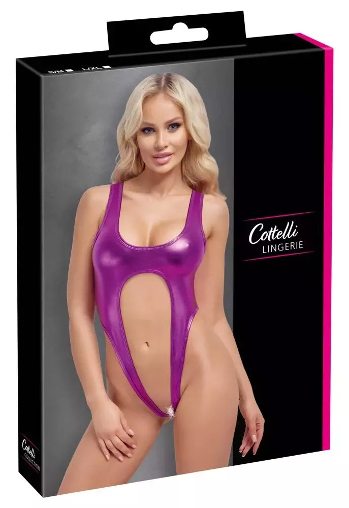 Cottelli Lingerie metalinio atspalvio rožinis bodis L/XL – žvilgantis aukšto kirpimo dizainas