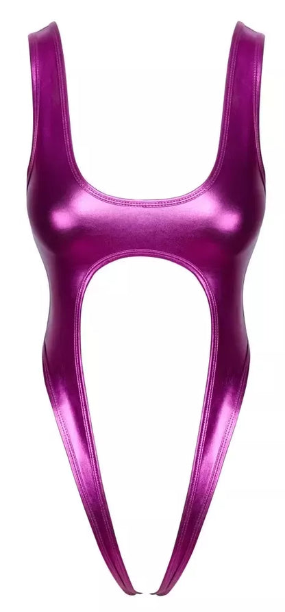 Cottelli Lingerie metalinio atspalvio rožinis bodis L/XL – žvilgantis aukšto kirpimo dizainas