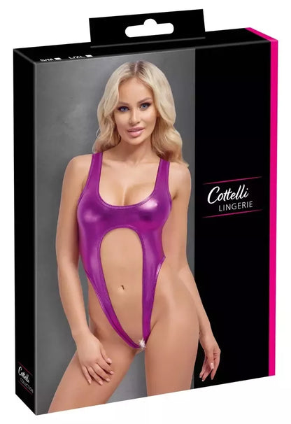 Cottelli LINGERIE Metallic Pink kūno kostiumėlis S/M – Žvilgantis aukšto kirpimo bodis