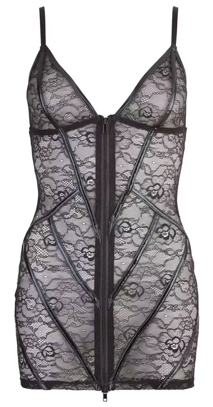 „Cottelli LINGERIE“ nėriniuota suknelė XL su „wet look“ juostelėmis ir reguliuojamomis petnešėlėmis