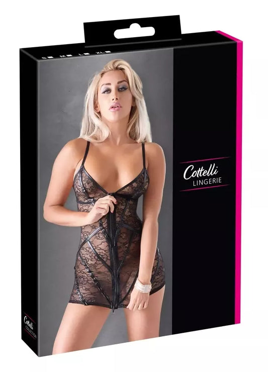 „Cottelli LINGERIE“ nėriniuota suknelė XL su „wet look“ juostelėmis ir reguliuojamomis petnešėlėmis