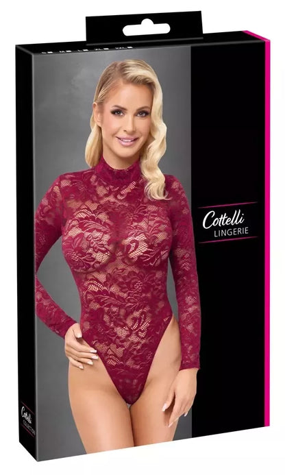 Cottelli Lingerie nėriniuotas bodis, bordo spalvos, M dydis – elegantiškas dizainas ilgomis rankovėmis