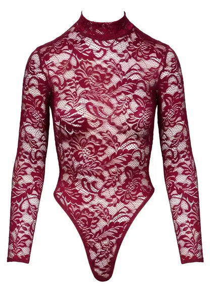 Cottelli Lingerie nėriniuotas bodis, bordo spalvos, M dydis – elegantiškas dizainas ilgomis rankovėmis