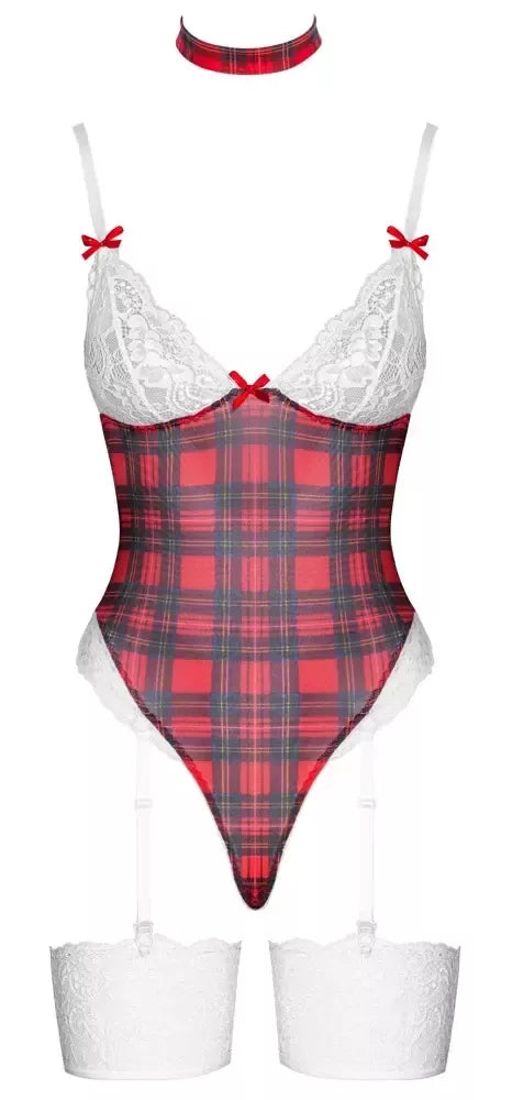 Cottelli Lingerie Plaid Suspender Body Set S – reguliuojamas, su nėrinių apdaila