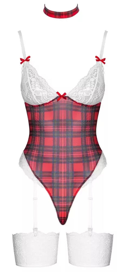 Cottelli Lingerie Plaid Suspender Body Set S – reguliuojamas, su nėrinių apdaila