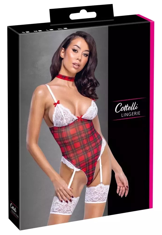 Cottelli Lingerie Plaid Suspender Body Set S – reguliuojamas, su nėrinių apdaila