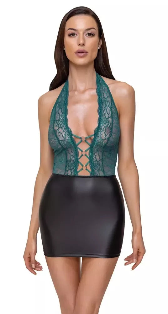 Cottelli Lingerie suknelė, modelis XL, juoda/melsvai žalia, nėriniuota, halter stiliaus