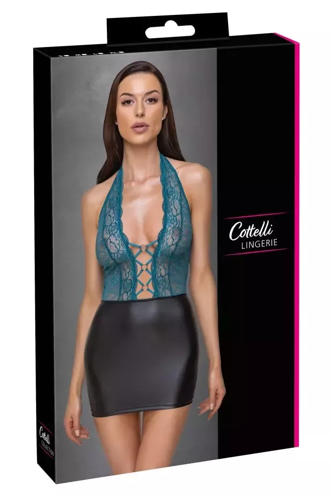 Cottelli Lingerie suknelė, modelis XL, juoda/melsvai žalia, nėriniuota, halter stiliaus