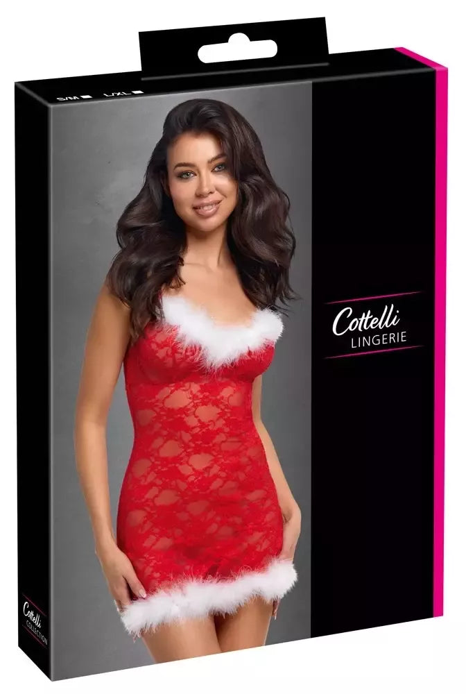Cottelli Lingerie X-Mas Chemise S/M, raudoni nėriniai, reguliuojamos petnešėlės
