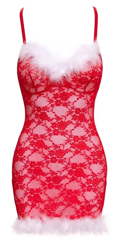 Cottelli LINGERIE X-Mas naktinukai L/XL raudoni nėriniai su reguliuojamomis petnešėlėmis
