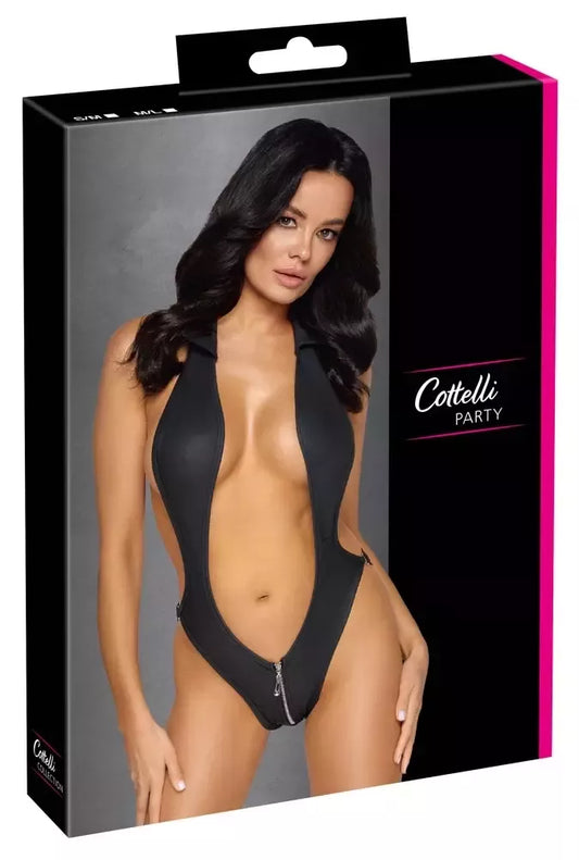 Cottelli PARTY Body S/M juodas matinis su apykakle ir dekoratyvinėmis juostelėmis