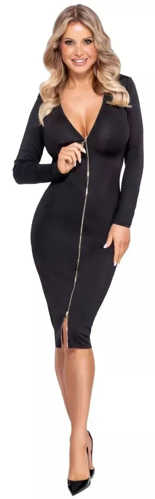 Cottelli PARTY Dress Zip M Black – elegantiška prigludusi suknelė ilgomis rankovėmis