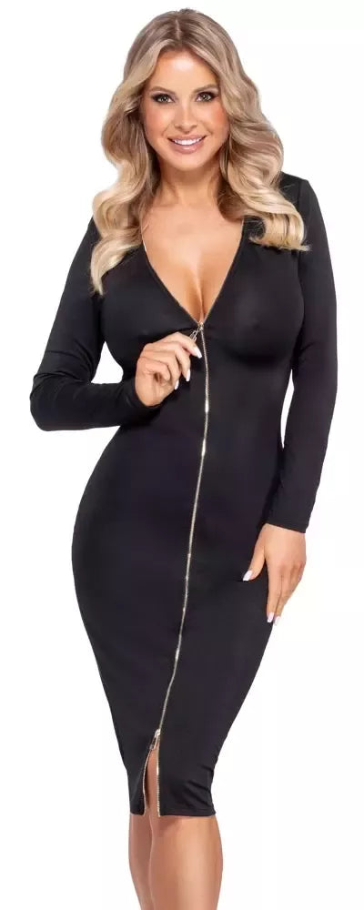 Cottelli PARTY Dress Zip M Black – elegantiška prigludusi suknelė ilgomis rankovėmis