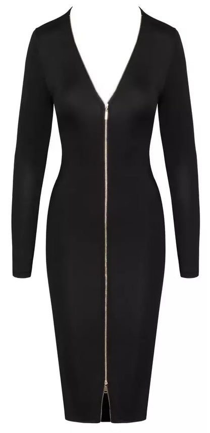 Cottelli PARTY Dress Zip M Black – elegantiška prigludusi suknelė ilgomis rankovėmis