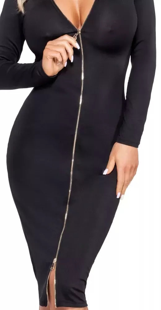 Cottelli PARTY Dress Zip M Black – elegantiška prigludusi suknelė ilgomis rankovėmis
