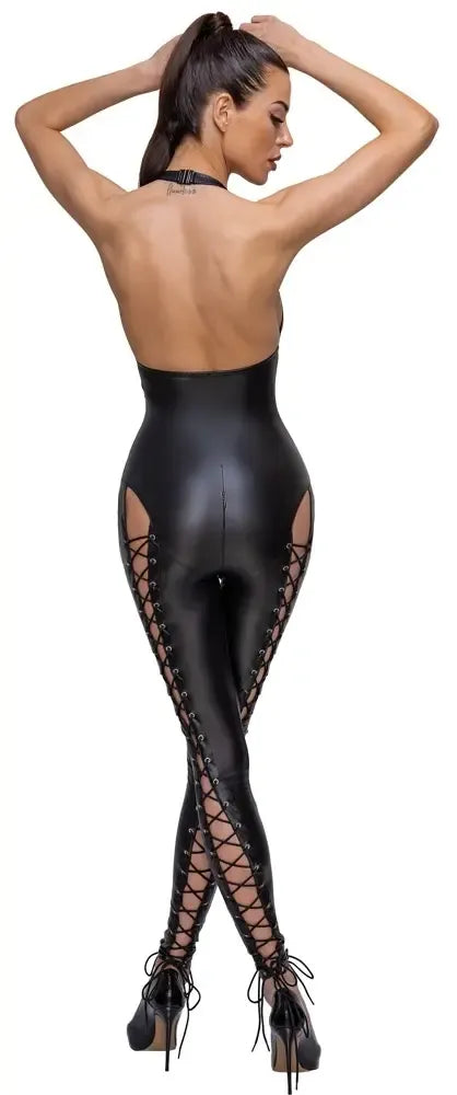 Cottelli PARTY Jumpsuit Lacing Black Matte Look kombinezonas, L dydis