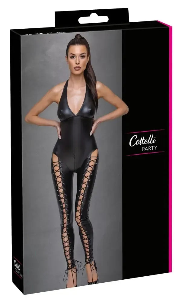 Cottelli PARTY Jumpsuit Lacing Black Matte Look kombinezonas, L dydis