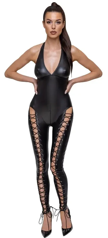 Cottelli PARTY Jumpsuit Lacing Black Matte Look kombinezonas, L dydis