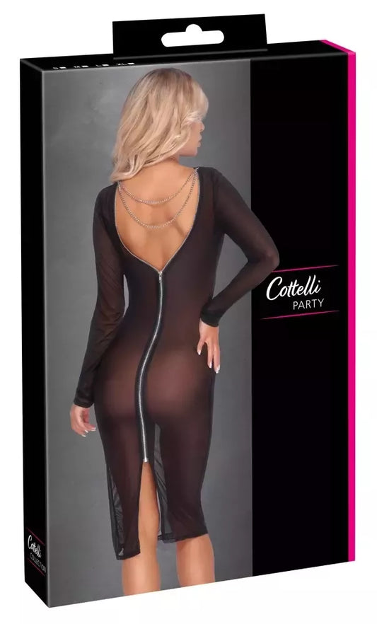 Cottelli PARTY kelių ilgio juoda permatoma suknelė su grandinėlėmis, L dydis