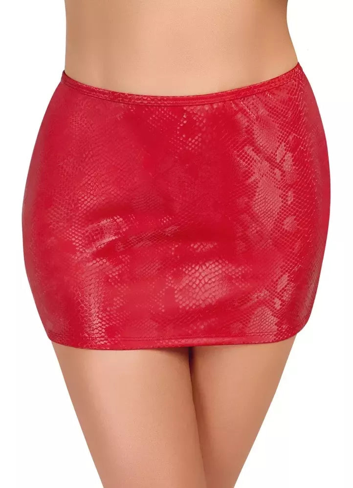Cottelli PARTY mini sijonas, raudonas, XL dydis – gyvatės odos efektas, tamprus juosmuo