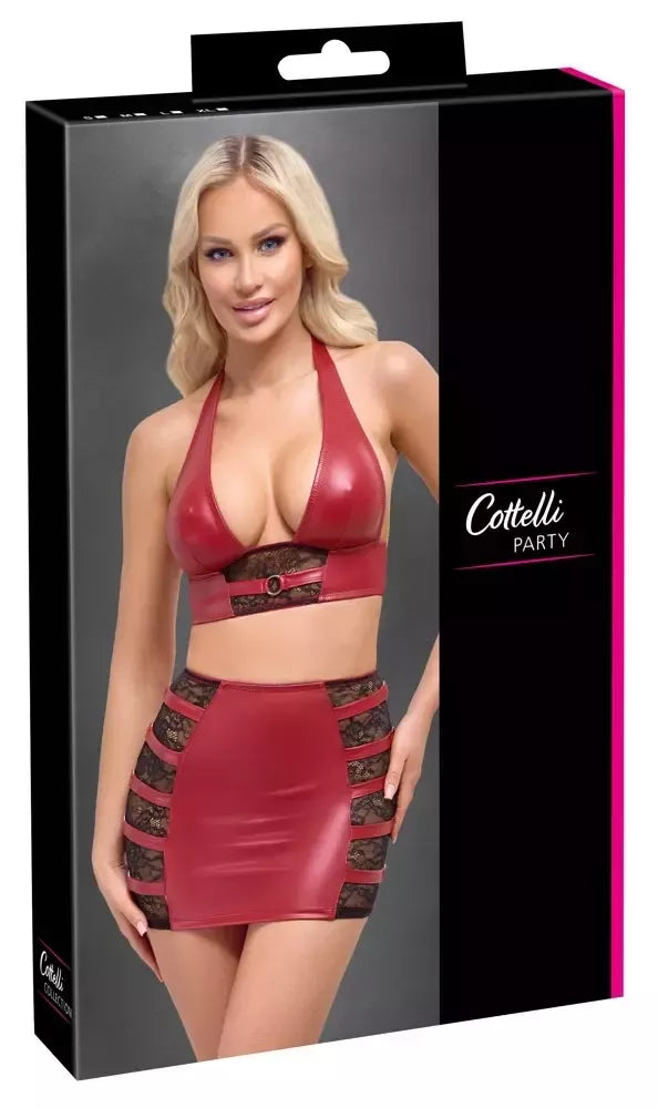 Cottelli PARTY raudonos spalvos ,,wet look“ efektą turintis nėriniuotas apatinio trikotažo komplektas su viršutine dalimi ir mini sijonu, XL dydis