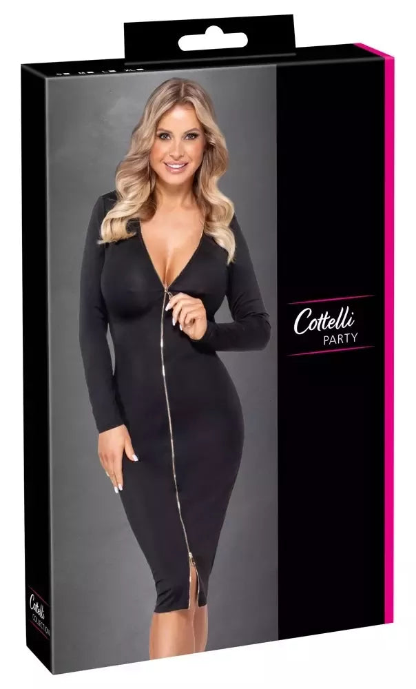 Cottelli PARTY Zip Front Dress juoda XL - Elegantiška tampri suknelė iki kelių