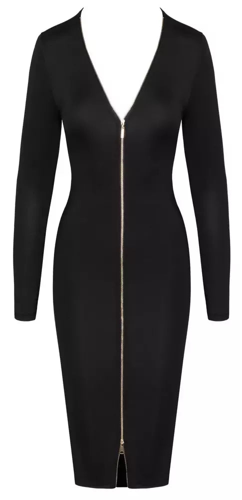 Cottelli PARTY Zip Front Dress juoda XL - Elegantiška tampri suknelė iki kelių