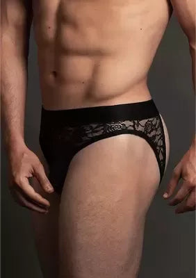 Dreamgirl Lace Open Back Brief S/M – permatomos vidutinio aukščio kelnaitės
