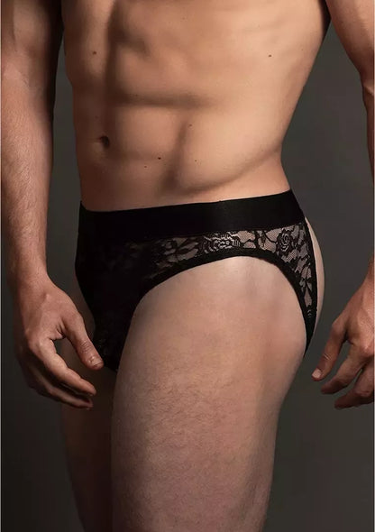 Dreamgirl Lace Open Back Brief S/M – permatomos vidutinio aukščio kelnaitės