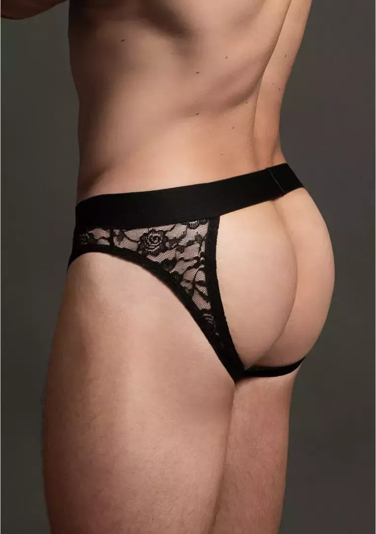 Dreamgirl Lace Open Back Brief S/M – permatomos vidutinio aukščio kelnaitės