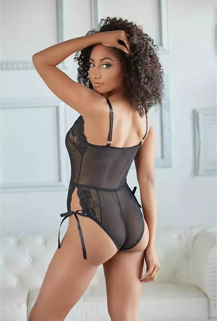 „Dreamgirl“ nėriniuotas ir permatomas „Knot Romper“ bodis, L/XL – su reguliuojamais raišteliais