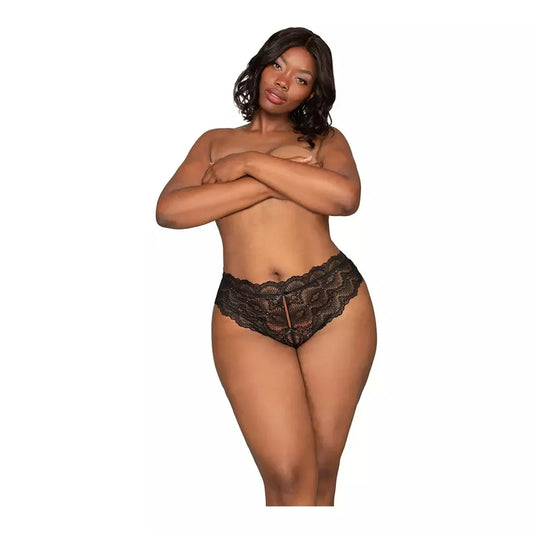 Dreamgirl Tanga Panty Open Design Plus Size 3X juodi nėriniai