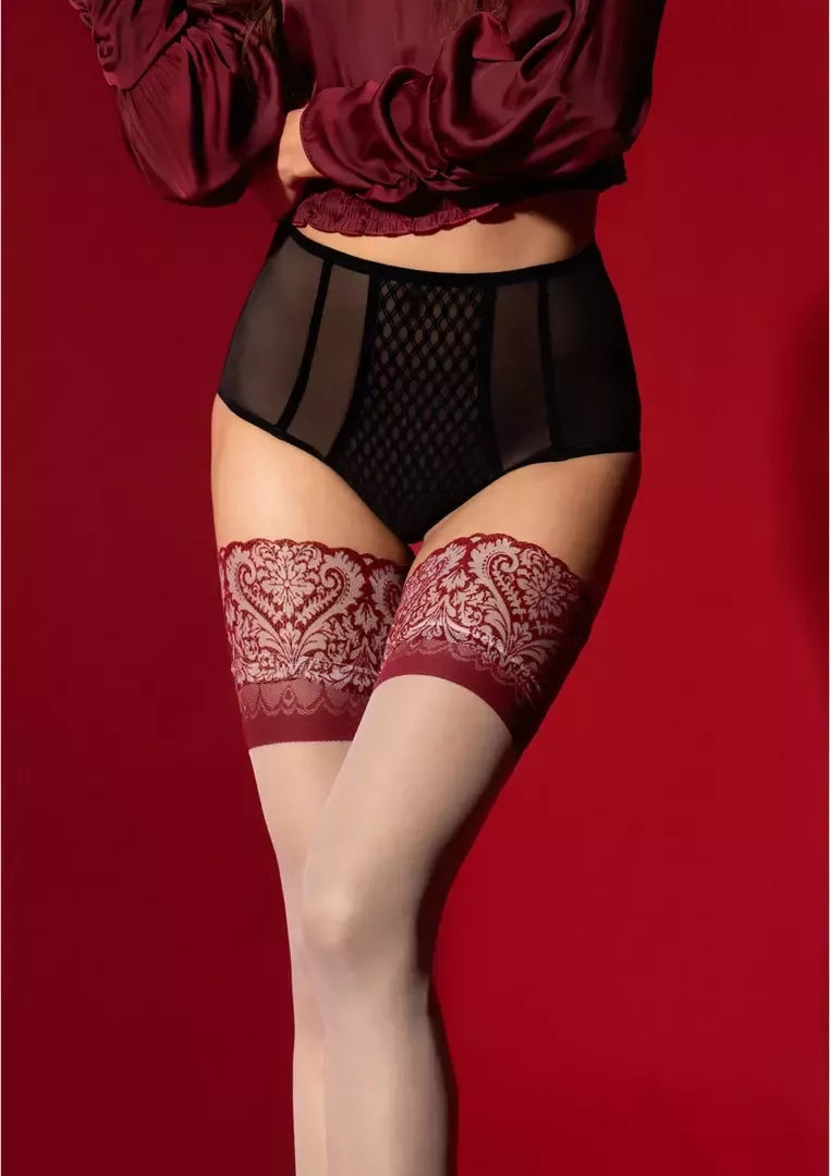 FiORE Arabesque kojinės su silikonu 20 denų – raudoni nėriniai, permatomos, patvarios, S-XL