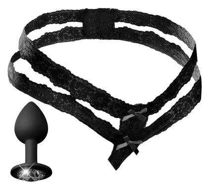 HookUp Panties Secret Gem XL-XXL nėriniuotas intymios aprangos komplektas su dekoratyviniu kaiščiu