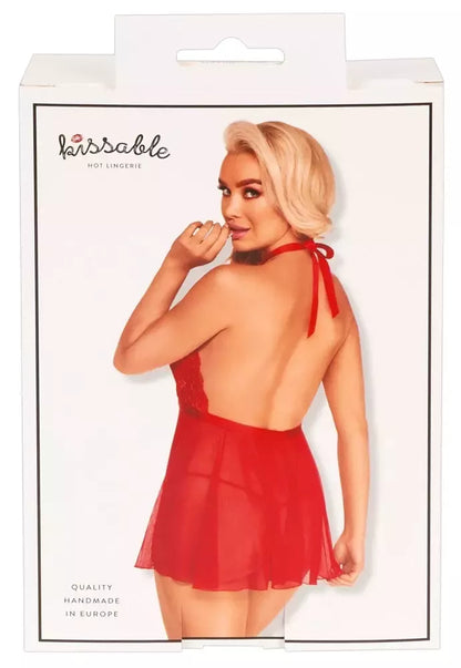 Kissable Babydoll Red L/XL – Gėlių rašto nėrinių ir „powernet“ audinio komplektas
