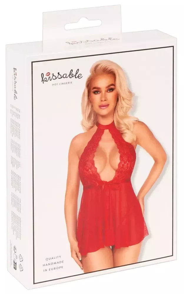 Kissable Babydoll Red L/XL – Gėlių rašto nėrinių ir „powernet“ audinio komplektas