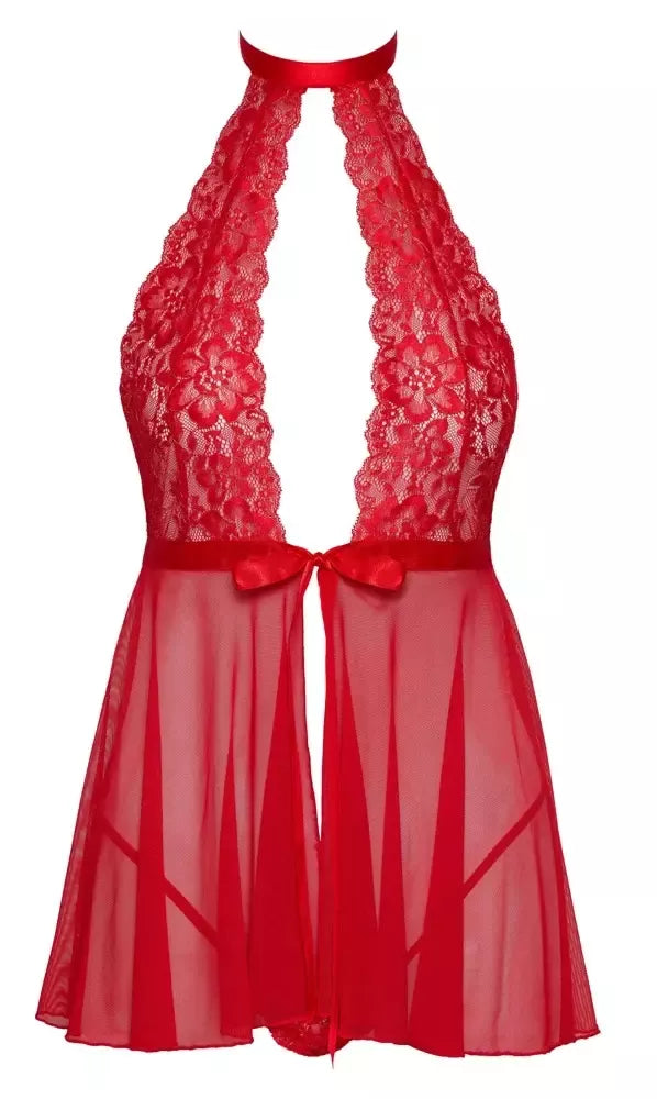 Kissable Babydoll Red L/XL – Gėlių rašto nėrinių ir „powernet“ audinio komplektas