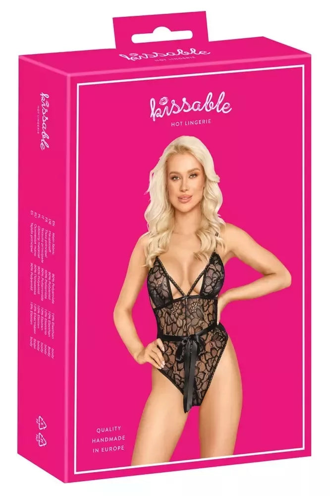 „Kissable Body L/XL“ elegantiškas juodų nėrinių bodis su reguliuojamomis petnešėlėmis