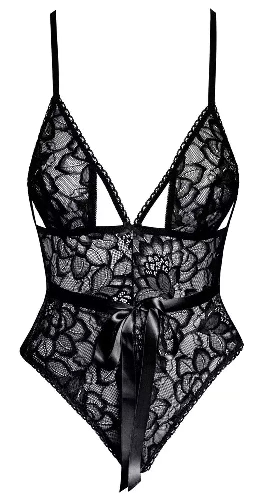 „Kissable Body L/XL“ elegantiškas juodų nėrinių bodis su reguliuojamomis petnešėlėmis
